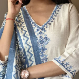 Off White Embroidered Cotton Flex Suit Set with Cotton Silk Dupatta