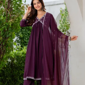 Purple Nyra Cut Embroidered Rayon Kurta and Pant Set with Dupatta